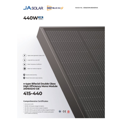 Solar Panel JA Solar Photovoltaic Module Complete Black Double Glass Bifacial N-Type 430W